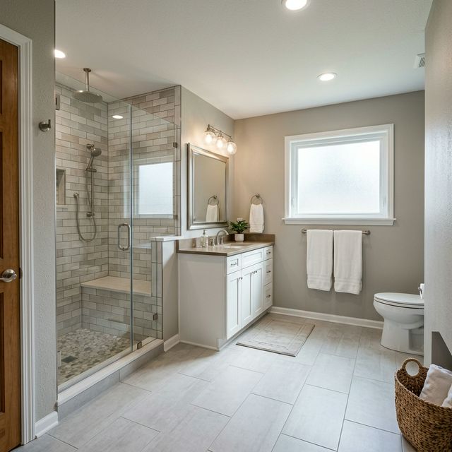 Completed bathroom layout redesign with walk-in shower and modern vanity in a Tulsa home