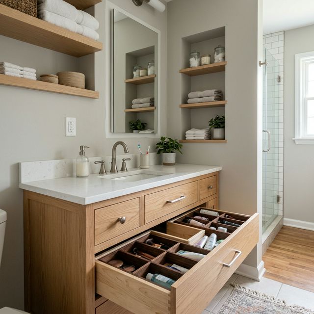 Bathroom storage upgrade with organized vanity drawers and open shelving in a Tulsa-area remodel