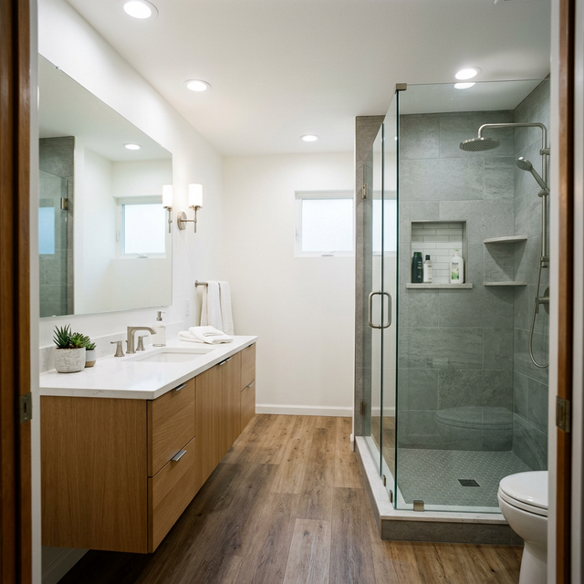 Beautifully remodeled bathroom in a Tulsa home with walk-in shower and modern vanity