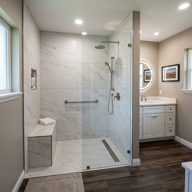 Guest bathroom renovation with new tile surround and modern vanity in Tulsa, OK