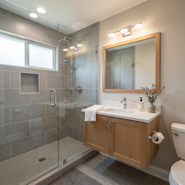 Bathroom remodel in Tulsa OK with modern shower, vanity, and tile finishes