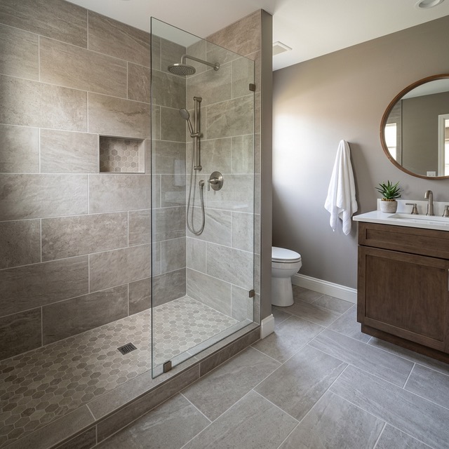 Bathroom tile selection example in Tulsa OK with shower wall tile, floor tile, and modern finishes
