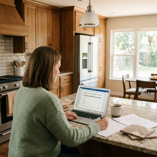 Homeowner reviewing a home remodel estimate in a Tulsa-area kitchen