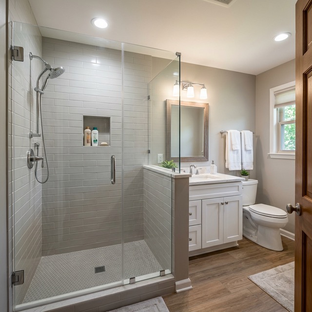 Modern walk-in shower remodel in Tulsa OK with custom tile and glass enclosure