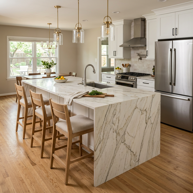 Quartzite waterfall island countertop installation in a Tulsa home