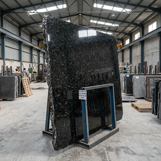 Black Pearl granite slab in warehouse