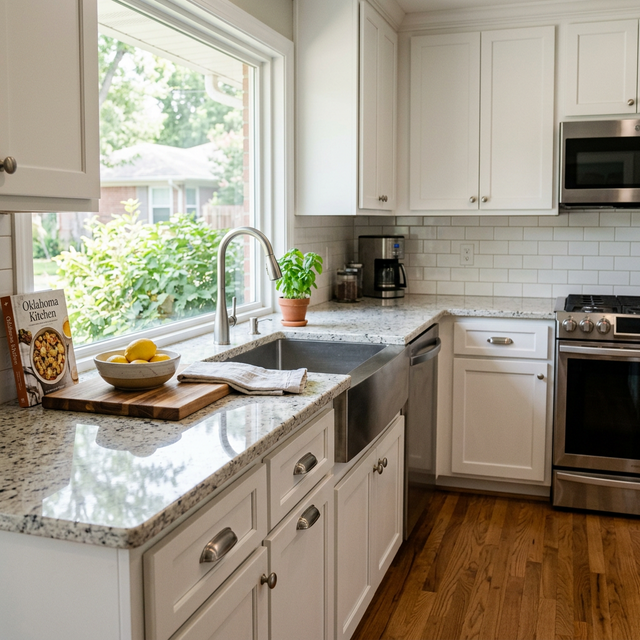 Kashmir White granite countertop installed in a Tulsa kitchen