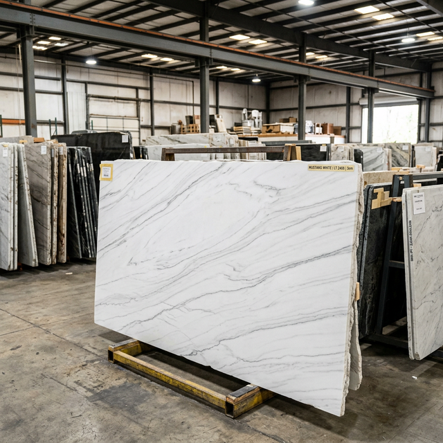 Mustang White quartzite slab in warehouse