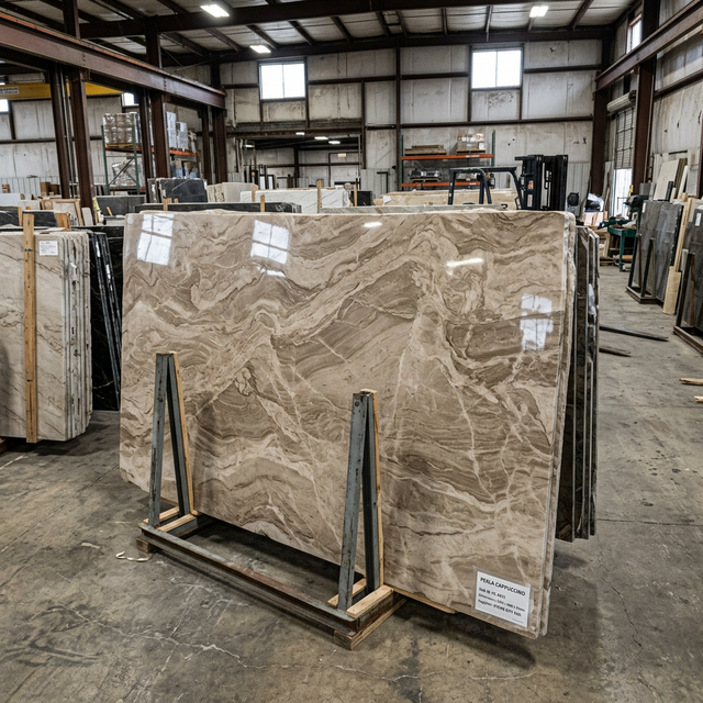 Perla Cappuccino marble slab in warehouse