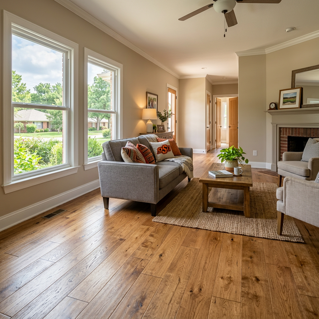 Engineered hardwood flooring installed in a Tulsa home living room