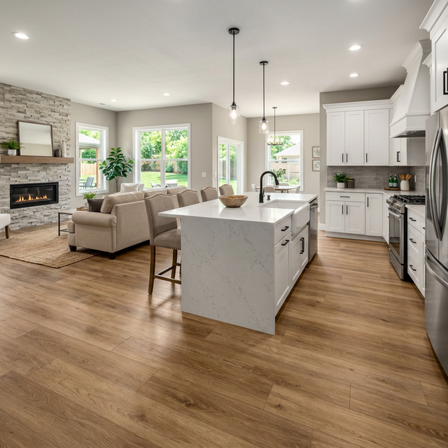 Luxury vinyl plank flooring in a Tulsa kitchen and living area