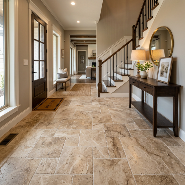 Natural travertine stone flooring in a Tulsa home foyer