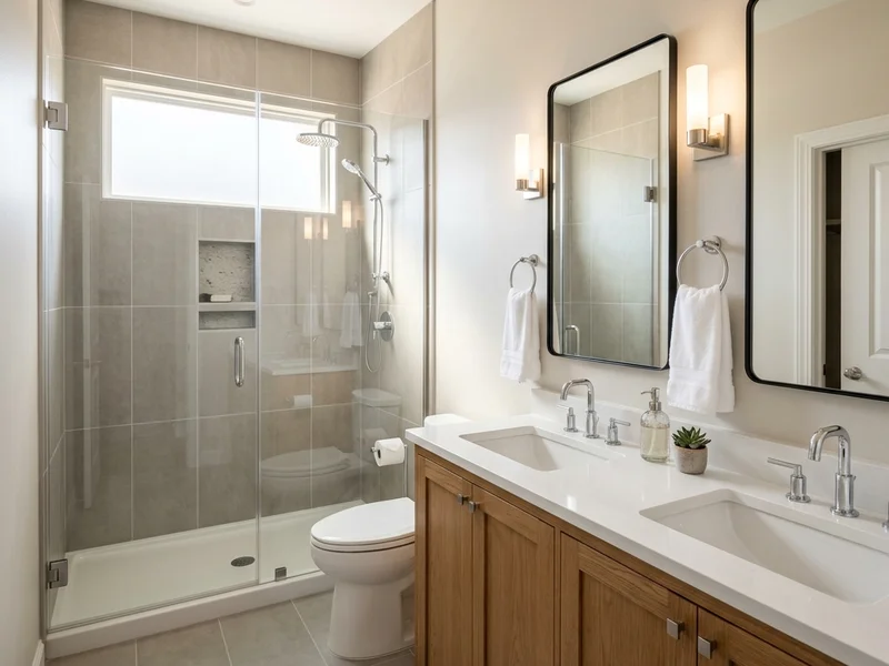 Complete luxury bathroom remodeling project in Tulsa, OK featuring custom double vanity and updated tiling
