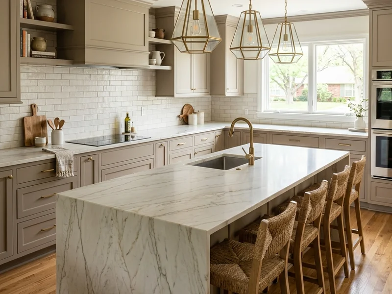 Premium natural stone island countertop with waterfall edge detail in a Tulsa, OK home