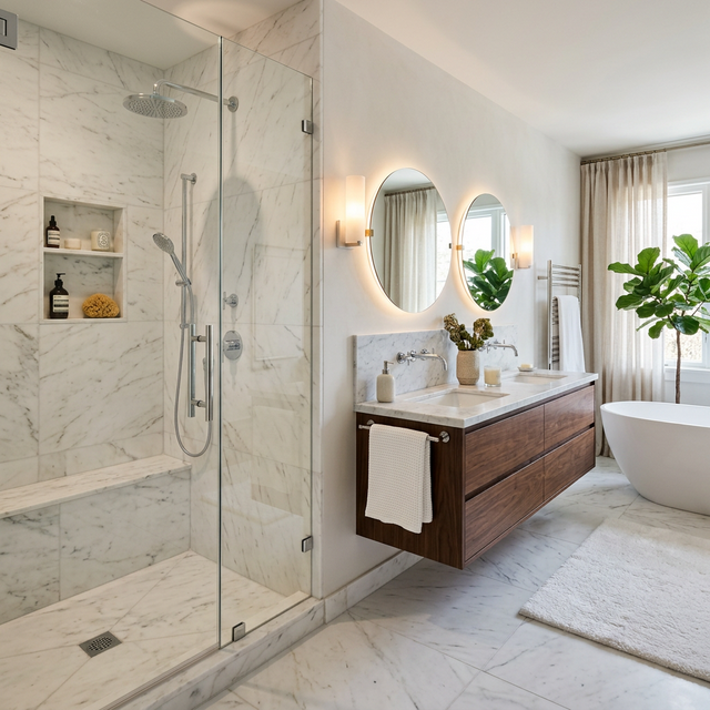 Luxury bathroom remodel by Tulsa Remodel Guys featuring a modern walk-in shower with marble tile and premium fixtures