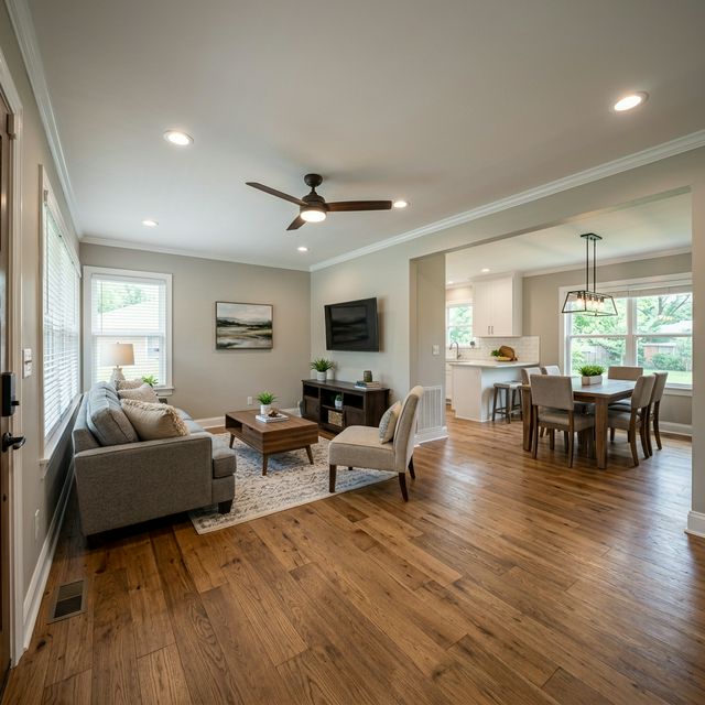 Remodeled open-concept living room and dining area with hardwood floors and recessed lighting in a Tulsa home