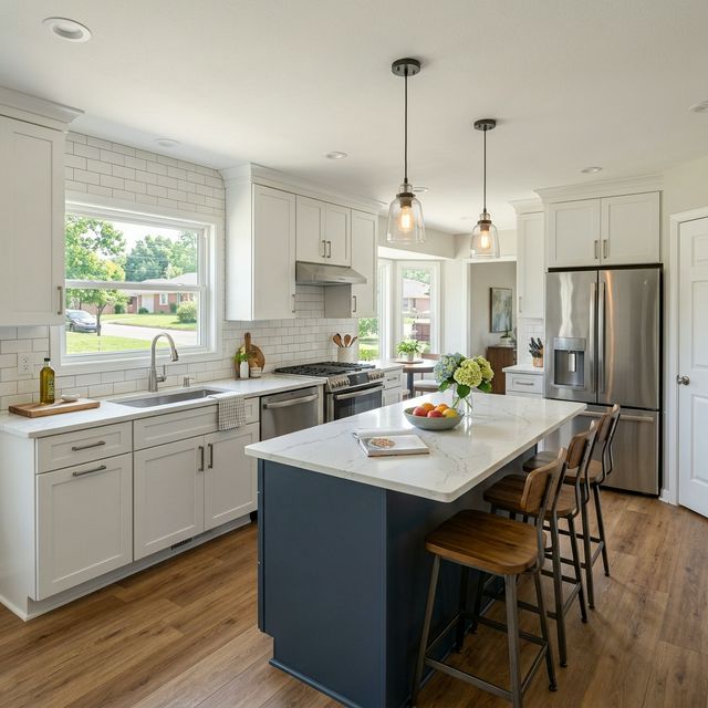 Remodeled kitchen with white shaker cabinets, quartz countertops, and pendant lighting in a Tulsa home