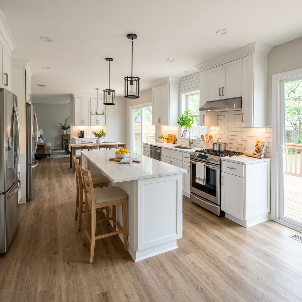 Modern kitchen remodel in Tulsa — white shaker cabinets, quartz countertops, subway tile backsplash, and LVP flooring