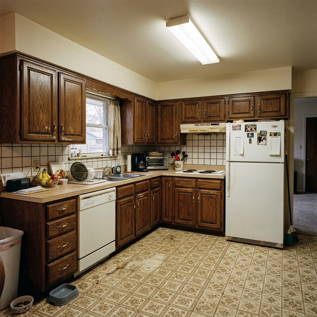 Outdated 1990s kitchen in a Tulsa home before remodeling — dark oak cabinets, laminate countertops, linoleum floors