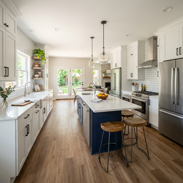 Completed kitchen remodel in Broken Arrow OK with quartz island and custom cabinetry