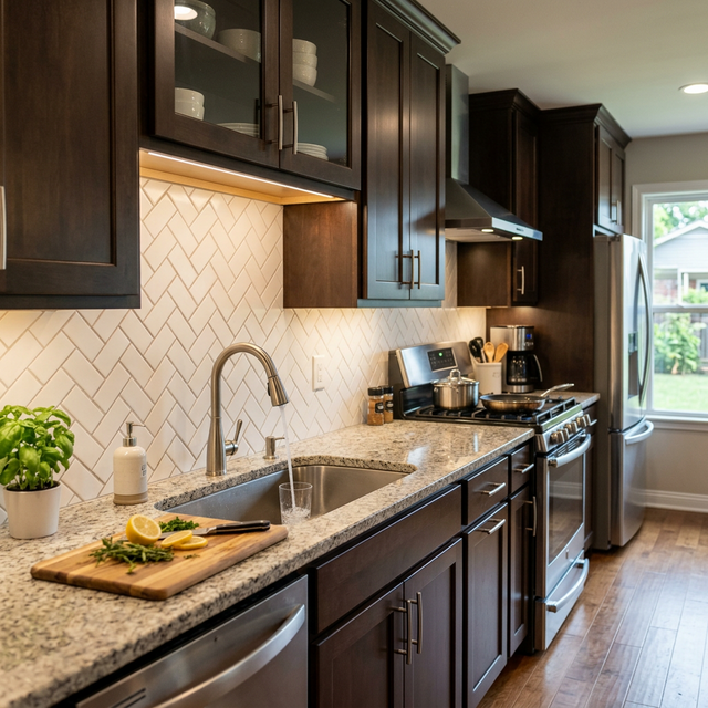 Herringbone tile backsplash in a remodeled Tulsa kitchen