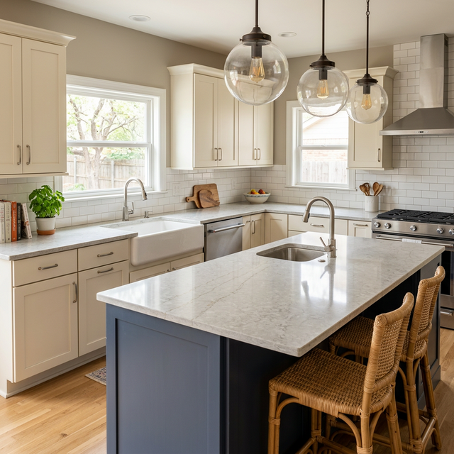 Quartz countertops on a kitchen island in a Tulsa home
