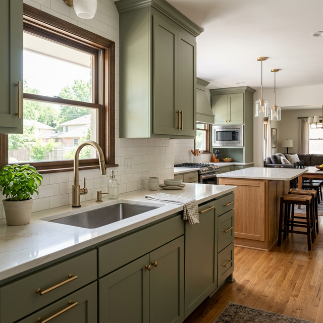 Modern kitchen finishes with brushed gold hardware and faucet