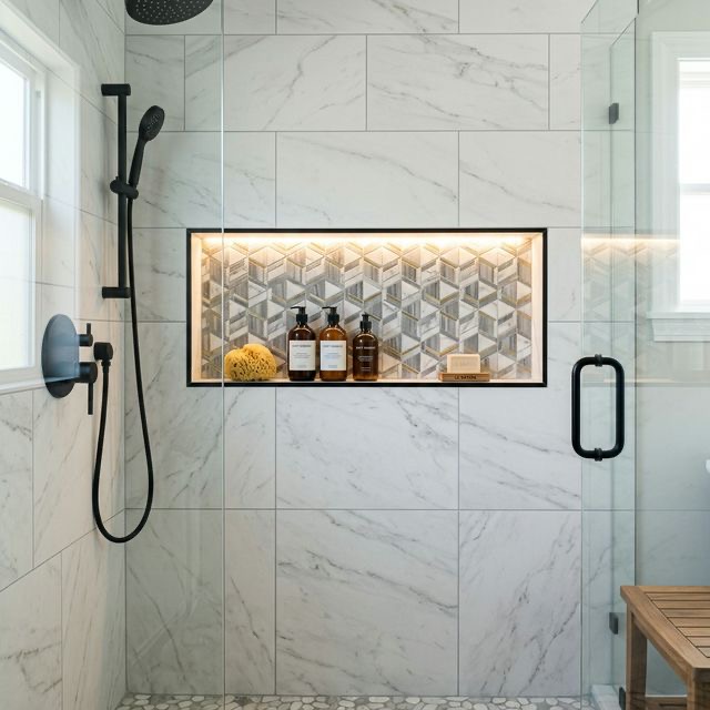 Custom bathroom niches and shelving in a luxury remodel