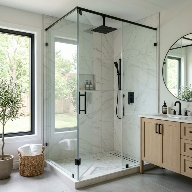 Frameless glass shower in a premium Tulsa bathroom