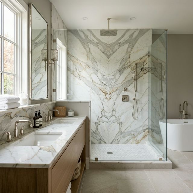 Premium stone bathroom surfaces in a Tulsa-area remodel