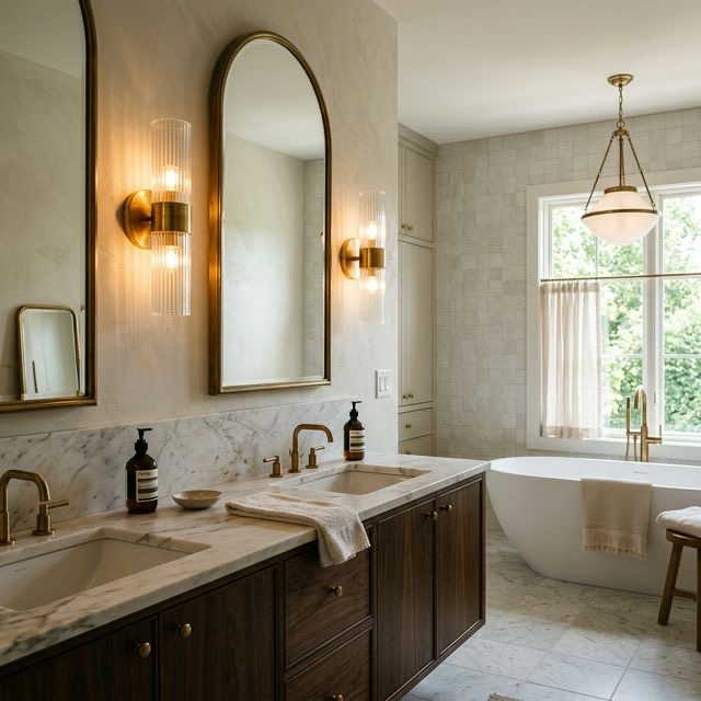 Statement bathroom lighting in a luxury bathroom design