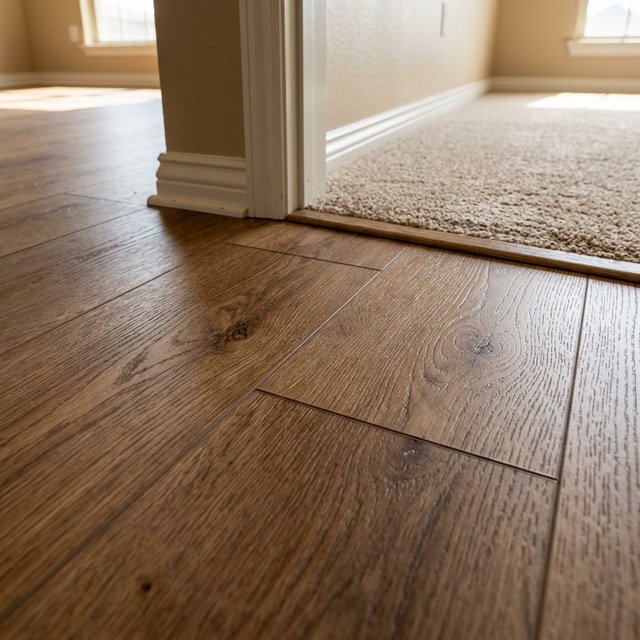 Close-up of luxury vinyl plank flooring with clean transitions in Tulsa, OK