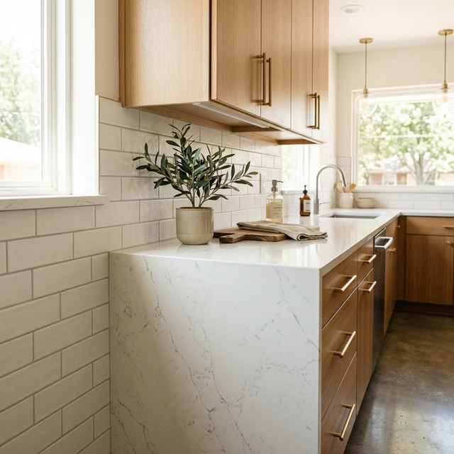 Kitchen countertop detail with quartz waterfall edge and subway tile backsplash in Tulsa, OK
