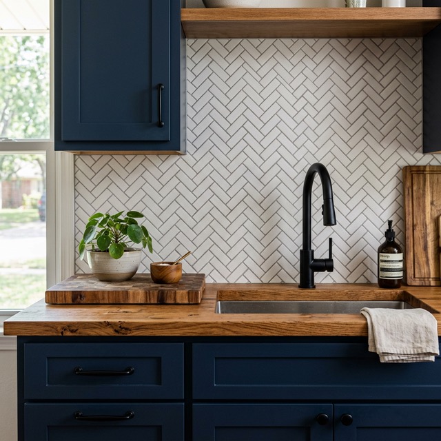 Kitchen detail showing herringbone backsplash and matte black fixtures in Broken Arrow, OK