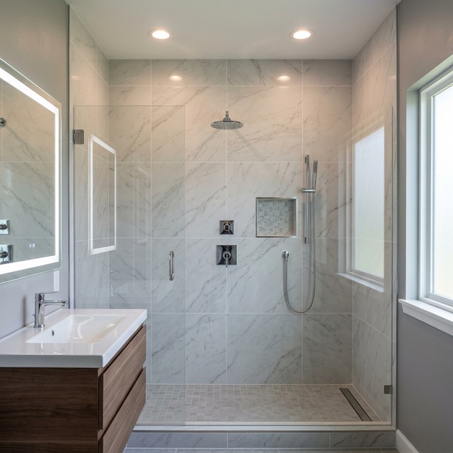 Tile shower surround with marble-look porcelain and recessed niche in Tulsa, OK