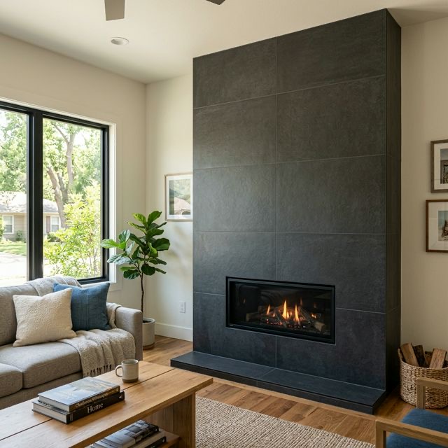 Large-format dark gray porcelain fireplace tile