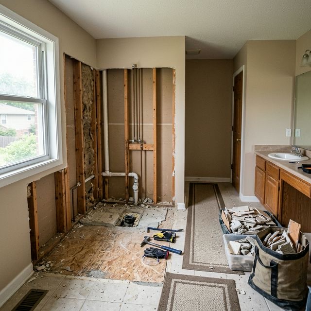 Tub removal during a bathroom conversion in Tulsa