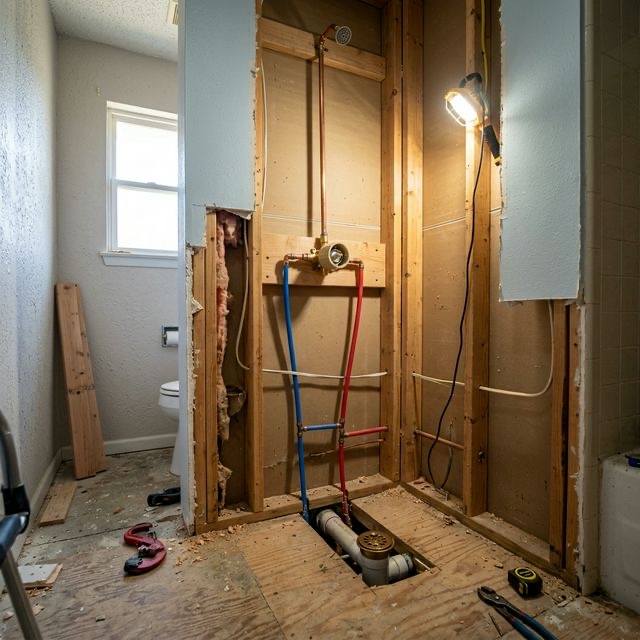Shower plumbing update during tub-to-shower remodel